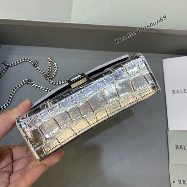 Balenciaga專櫃爆款mini Hourglass沙漏包 巴黎世家鱷魚紋銀色超迷你號手提肩背女包 fyj1554